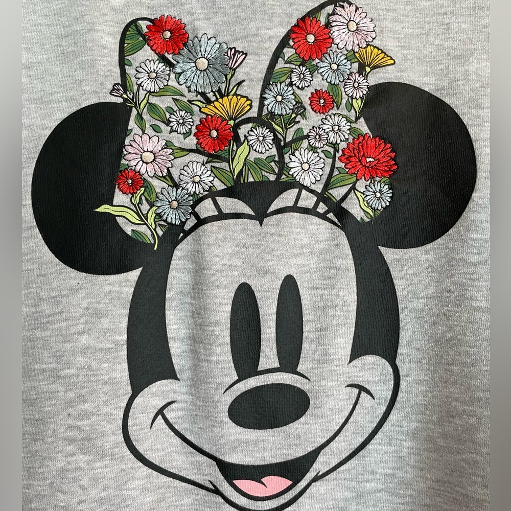 Disney Minnie Mouse Floral Embroidery Fleece Sweatshirt Hoodie Gray/Multicolor - Picture 2 of 10